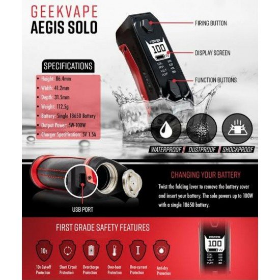 Geekvape - Aegis Solo 100W Electronic Cigarette Mod